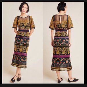 NWOT Anthropologie Jacquin Embroidered Floral and Paisley Midi Dress, Size 4